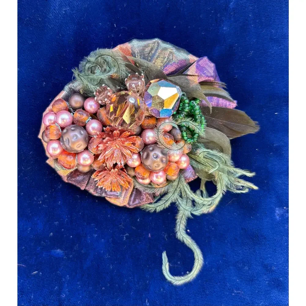 Vintage Mixed Media Brooch Pearls Feathers 3.5